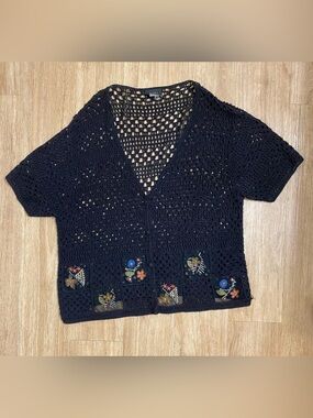 Teddi Black Crocheted V-Neck Sweater with Multicolor Floral Appliqués
